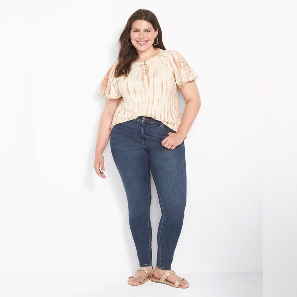 Lane Bryant - Relaxed Eyelet Flutter-Sleeve Henley Knit Top - Tie-Dye